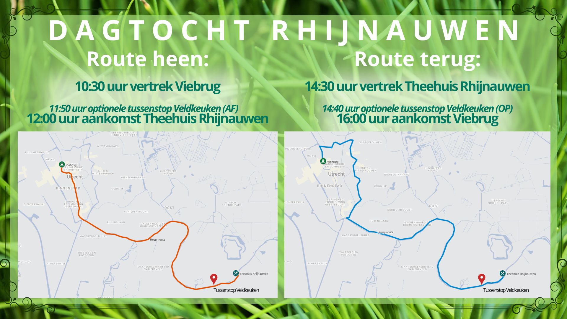 Two maps showing routes for a day trip to Rhijnauwen with times and optional stops on a green grass background.