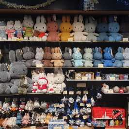 a bunch of stuffed animals on display in a store