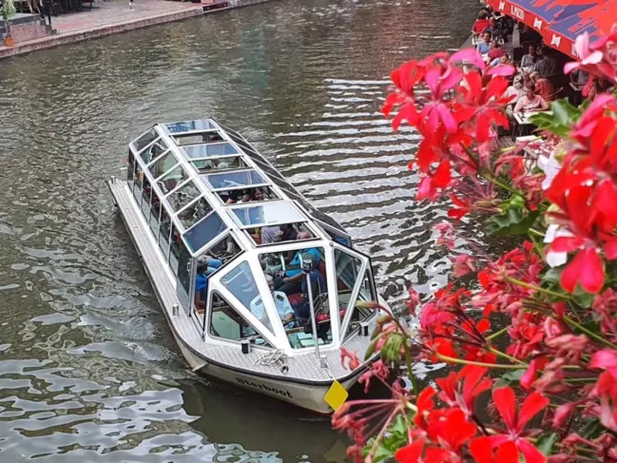 Glass-roofed canal boat passing by red flowers on a river.