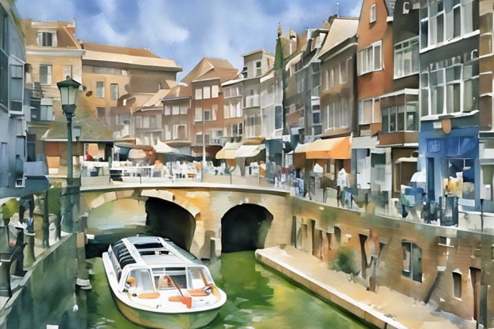 Canal with a tour boat, bridge, and colorful buildings under a blue sky.