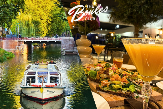 Split image: riverboat near bridge and cocktails with appetizer in a bar.