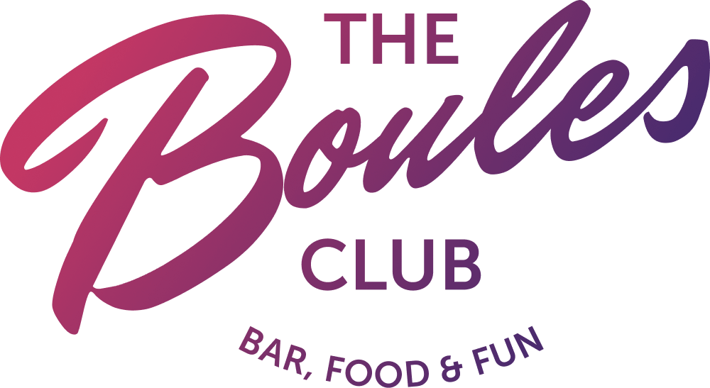 Logo: 'The Boules Club' in purple text, with 'Bar, Food & Fun' below.