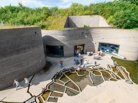 People explore a zoo exhibit with a large interactive water feature resembling river paths.