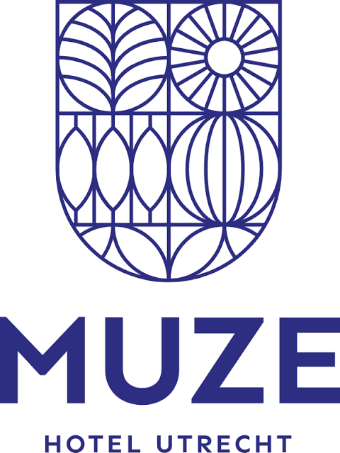 Stylized geometric logo with text: MUZE, Hotel Utrecht.