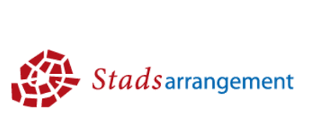 Logo with red mosaic design and text 'Stadsarrangement'.